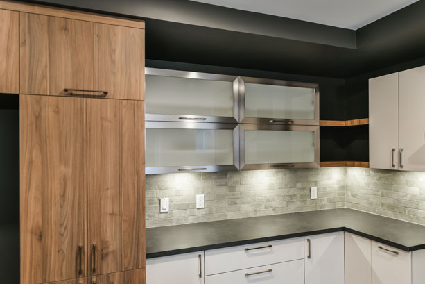 Modern alfresco with architectural windows and retractable blinds